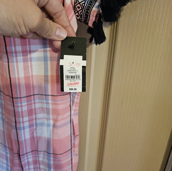 NWT Crown & Ivy Pink And White Checkered Dress With Navy Blue Tassel Decoration - Picture 5 of 7